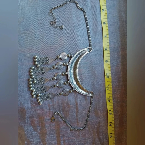 A Silver Boho Fringe Coin Charm Pendant Bib Choker Necklace - Picture 4 of 7